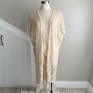 Openwork crochet fringe cap sleeve duster cardigan - Size M